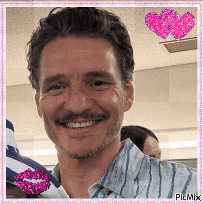 A Man With A Mustache Is Smiling In A Picture With Hearts And A Kiss On His Lips GIF