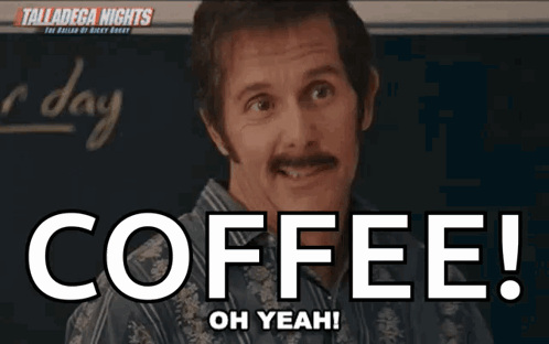 A Man With A Mustache Is Smiling In Front Of A Blackboard That Says " Coffee Oh Yeah " GIF