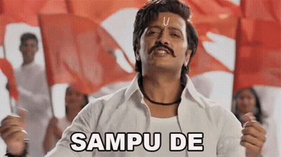 A Man With A Mustache Is Standing In Front Of A Crowd Holding Flags And Saying Sampu De GIF