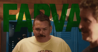 A Man With A Mustache Is Standing In Front Of A Green Sign That Says Farba GIF