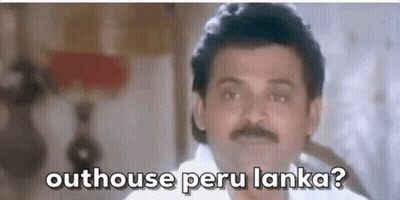 a man with a mustache is standing in front of a lamp and says `` outhouse peru lanka ? ''