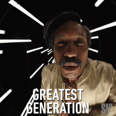 A Man With A Mustache Is Standing In Front Of A Sign That Says " Greatest Generation " GIF