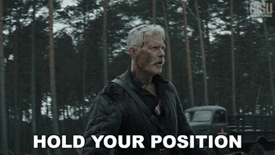 A Man With A Mustache Is Standing In The Woods And Says Hold Your Position GIF