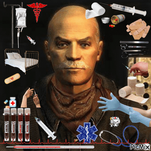 A Man With A Mustache Is Surrounded By Medical Supplies And A Picmix Watermark GIF
