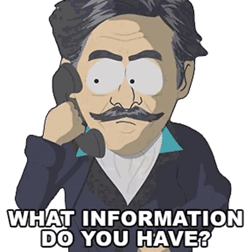 A Man With A Mustache Is Talking On A Phone With The Words What Information Do You Have Sticker