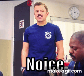 A Man With A Mustache Is Wearing A Blue Shirt With The Word Noice On It GIF
