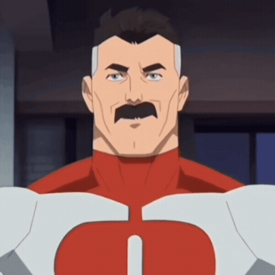 A Man With A Mustache Is Wearing A Red And White Superhero Costume With The Letter S On His Chest GIF