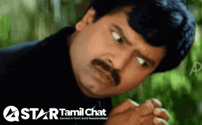 A Man With A Mustache Looks At The Camera With A Star Tamil Chat Logo Behind Him GIF