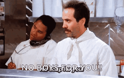A Man With A Mustache Says No Boys For You In A Kitchen GIF