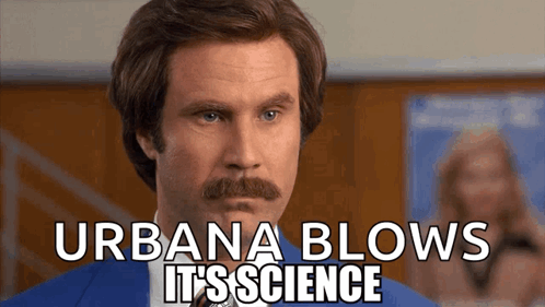 A Man With A Mustache Says " Urbana Blows Its Science " GIF