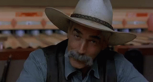 A Man With A Mustache Wearing A Cowboy Hat And Vest Is Sitting In A Bowling Alley . GIF