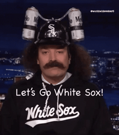 A Man With A Mustache Wearing A White Sox Shirt And A Hat GIF