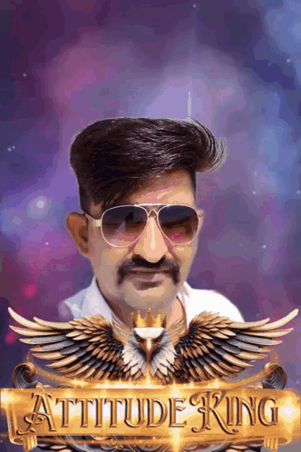 A Man With A Mustache Wearing Sunglasses And A Sign That Says " Attitude King " GIF