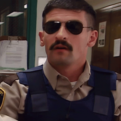 A Man With A Mustache Wearing Sunglasses And A Vest With A Patch That Says ' Police ' On It GIF