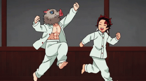 A Man With A Pig Head Is Jumping In The Air Next To Another Man GIF