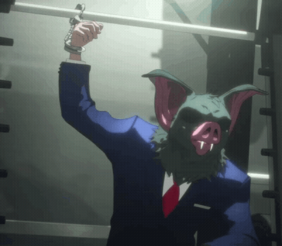 A Man With A Pig Mask On His Head Is Handcuffed To A Railing GIF
