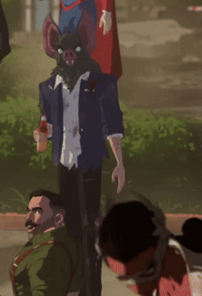 A Man With A Pig Mask On His Head Is Holding A Bottle Of Soda GIF