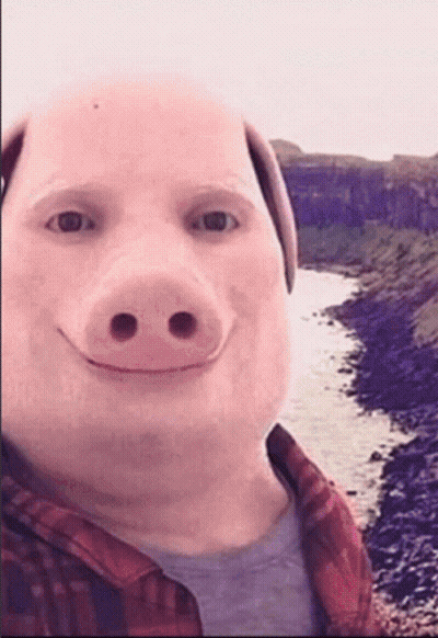 A Man With A Pig 'S Face Is Smiling In Front Of A River GIF