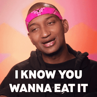 A Man With A Pink Bandana On His Head Says I Know You Wanna Eat It GIF