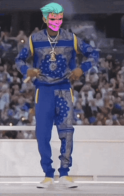 A Man With A Pink Mask On His Face Is Wearing A Blue Sweater And Blue Sweatpants GIF