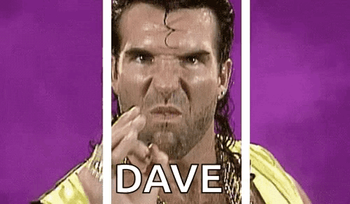 A Man With A Ponytail And A Beard Is Pointing At The Camera With The Word Dave Behind Him . GIF