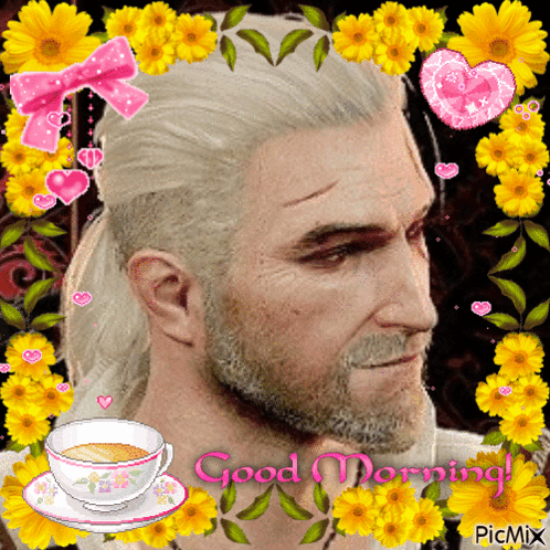 A Man With A Ponytail And A Cup Of Coffee Is Surrounded By Yellow Flowers And Says Good Morning GIF