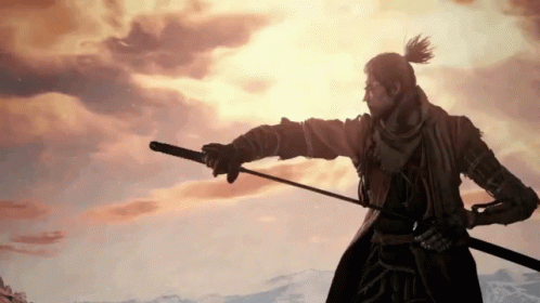 A Man With A Ponytail Is Holding A Sword And Pointing At Something GIF