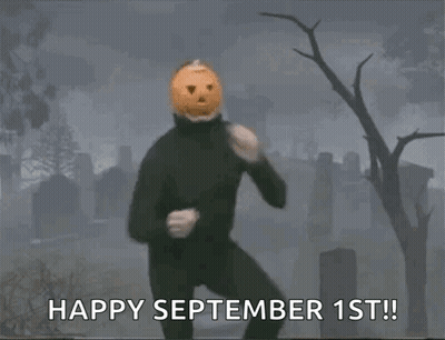 A Man With A Pumpkin Head Is Dancing In A Cemetery With The Words Happy September 1St Written Below Him GIF
