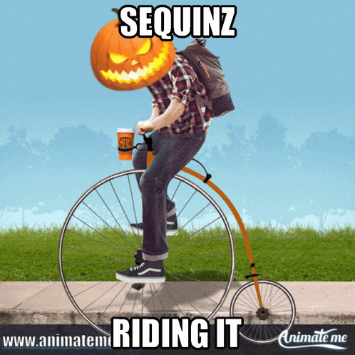 A Man With A Pumpkin Head Is Riding A Bicycle With The Words Sequinz Riding It On The Bottom GIF