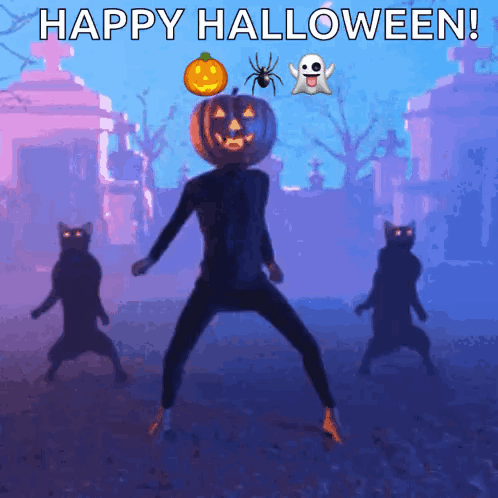 A Man With A Pumpkin On His Head Is Dancing In A Cemetery With Cats GIF