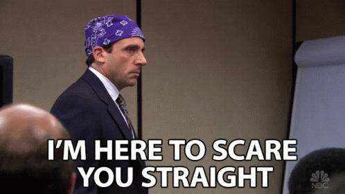 A Man With A Purple Bandana On His Head Says I 'M Here To Scare You Straight GIF
