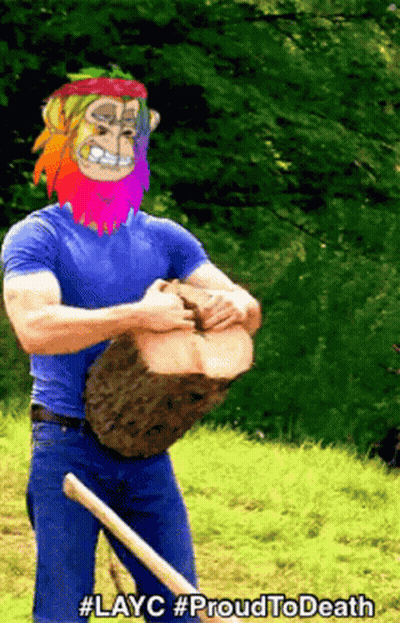 A Man With A Rainbow Colored Beard Is Holding A Large Log With The Hashtag #Layc #Proudtodeath GIF