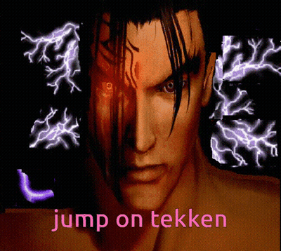 A Man With A Red Eye And The Words Jump On Tekken GIF