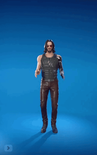 A Man With A Robot Arm Is Standing With His Arms In The Air On A Blue Background GIF