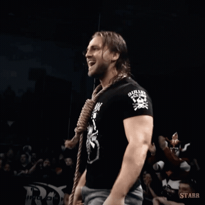 A Man With A Rope Around His Neck Has The Word Starr On The Bottom Right GIF