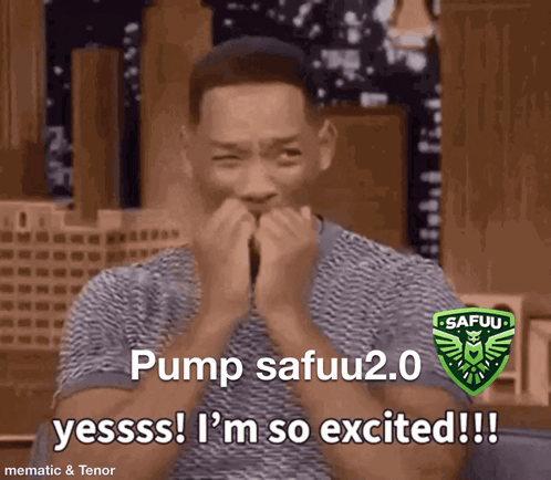 A Man With A Safuu Logo On His Shirt Is Excited GIF