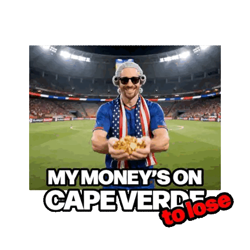 A Man With A Scarf Around His Neck Is Holding A Bag Of Gold And Says My Money 'S On Cape Verde Sticker