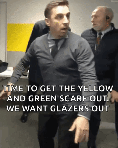 A Man With A Scarf Around His Neck Says " Time To Get The Yellow And Green Scarf Out .. We Want Glazers Out " GIF
