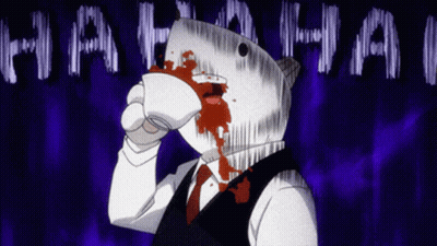 A Man With A Shark Head Is Drinking From A Cup With Blood Coming Out Of His Nose GIF