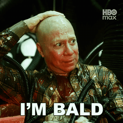 A Man With A Shaved Head Has The Words I 'M Bald On His Face GIF