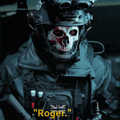 A Man With A Skull On His Face Is Wearing A Backpack That Says " Roger " On It GIF