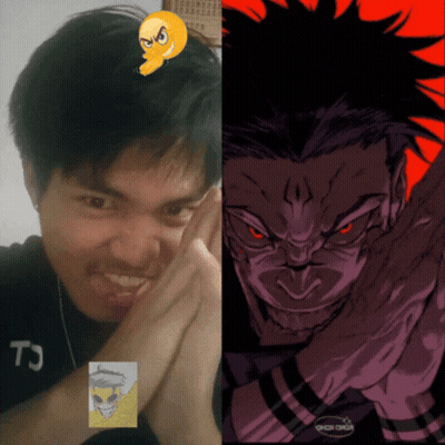 A Man With A Smiley Face On His Head Next To A Picture Of A Cartoon Character GIF