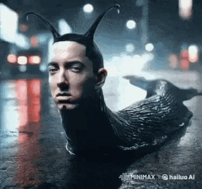 A Man With A Snail 'S Head And Horns Is Laying On The Ground . GIF