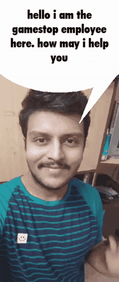 A Man With A Speech Bubble Saying Hello I Am The Gamestop Employee Here GIF
