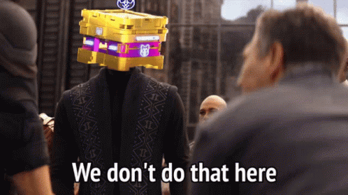 A Man With A Stack Of Boxes On His Head Says We Don 'T Do That Here GIF