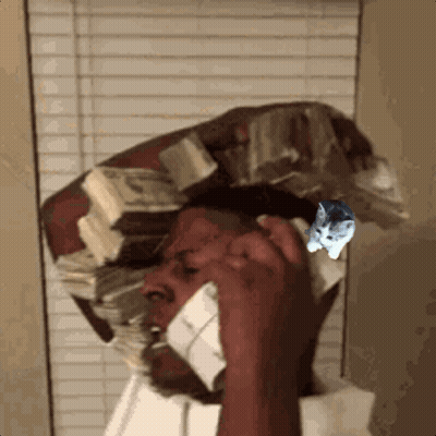 A Man With A Stack Of Money On His Head Is Talking On A Phone GIF