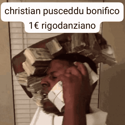 A Man With A Stack Of Money On His Head Talking On A Phone GIF