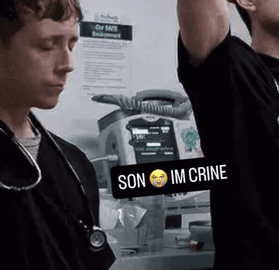 A Man With A Stethoscope Around His Neck Has A Son Im Crine Sticker On His Chest GIF