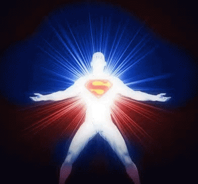 A Man With A Superman Logo On His Chest Is Surrounded By Red And Blue Lights GIF