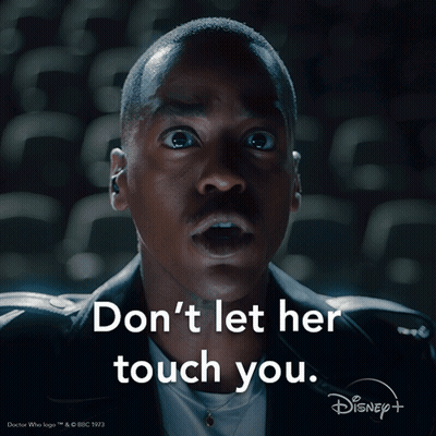 A Man With A Surprised Look On His Face And The Words " Don 'T Let Her Touch You " GIF
